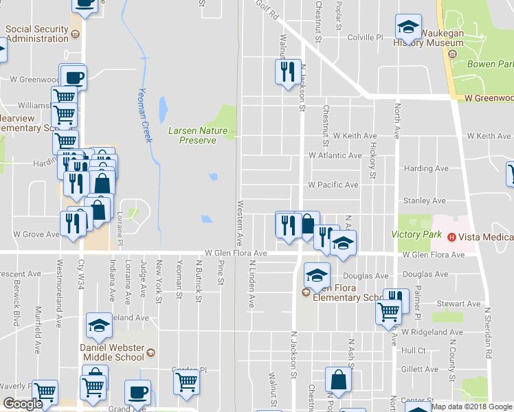 map of restaurants, bars, coffee shops, grocery stores, and more near 1024 West Grove Avenue in Waukegan