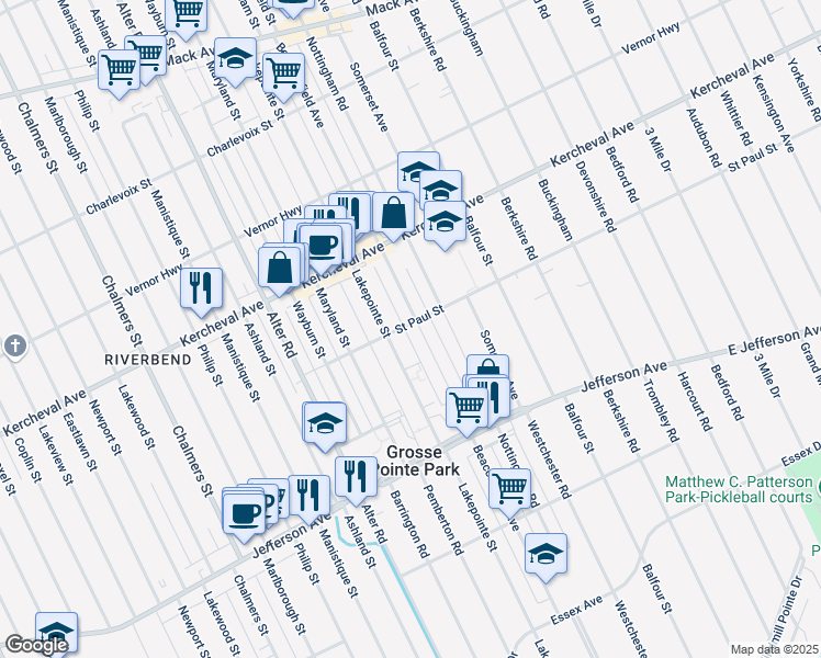 map of restaurants, bars, coffee shops, grocery stores, and more near 15216 Saint Paul Street in Grosse Pointe Park