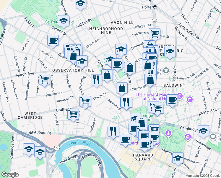 map of restaurants, bars, coffee shops, grocery stores, and more near 29 Concord Avenue in Cambridge