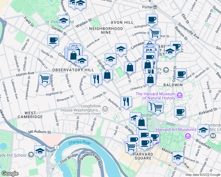map of restaurants, bars, coffee shops, grocery stores, and more near in Cambridge