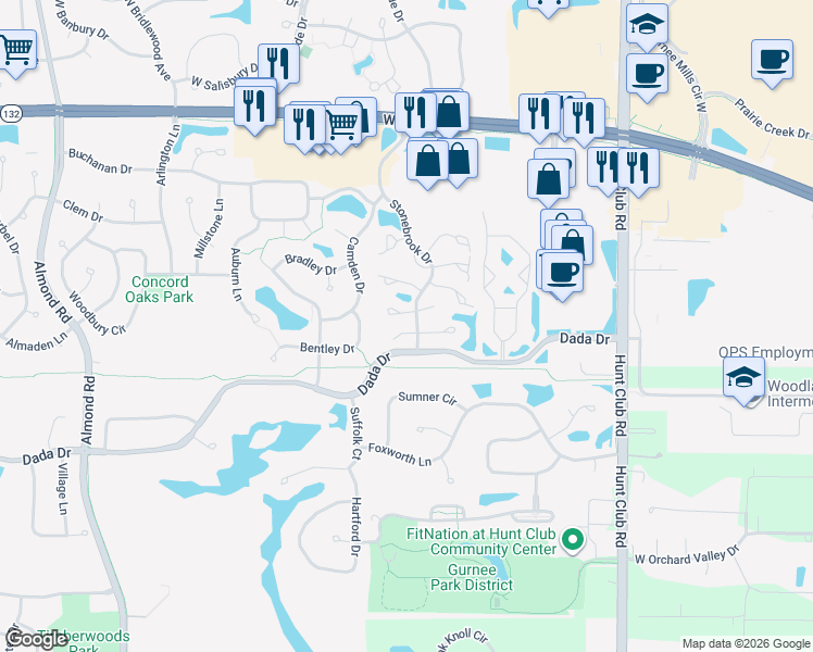 map of restaurants, bars, coffee shops, grocery stores, and more near 6834 West Monticello Court in Gurnee