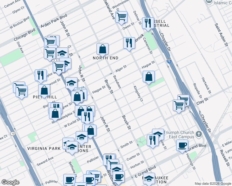 map of restaurants, bars, coffee shops, grocery stores, and more near 420 East Philadelphia Street in Detroit