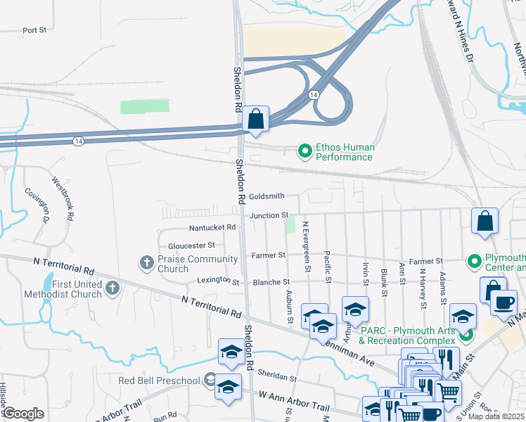 map of restaurants, bars, coffee shops, grocery stores, and more near 1450 Junction Street in Plymouth