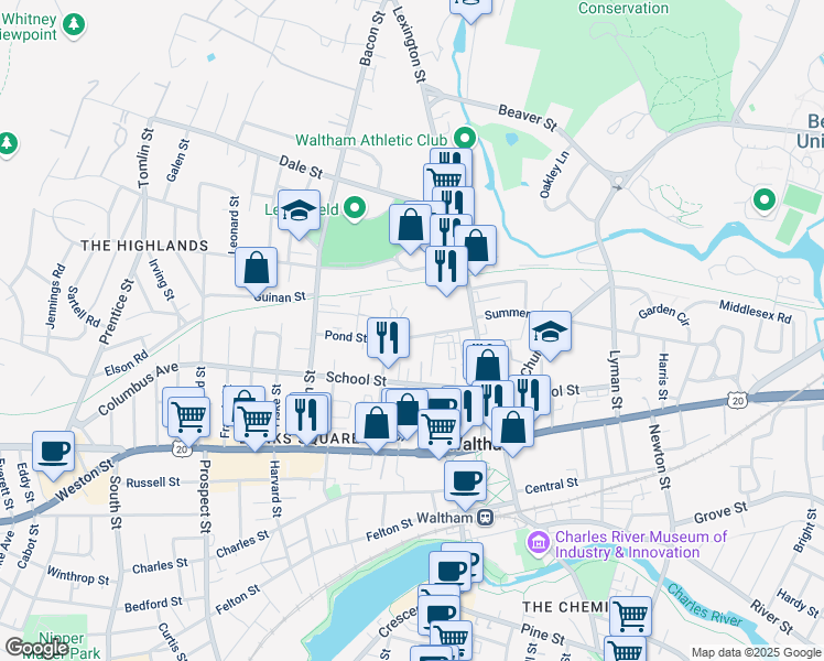 map of restaurants, bars, coffee shops, grocery stores, and more near 48 Pond Street in Waltham
