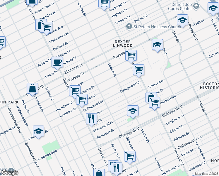 map of restaurants, bars, coffee shops, grocery stores, and more near 2981 Lawrence Street in Detroit