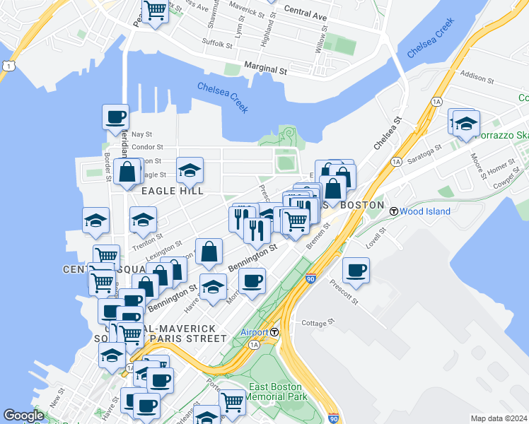map of restaurants, bars, coffee shops, grocery stores, and more near 242 Princeton Street in Boston