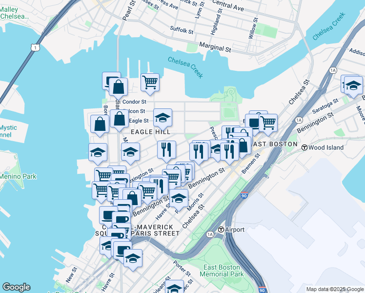 map of restaurants, bars, coffee shops, grocery stores, and more near 139 Trenton Street in Boston