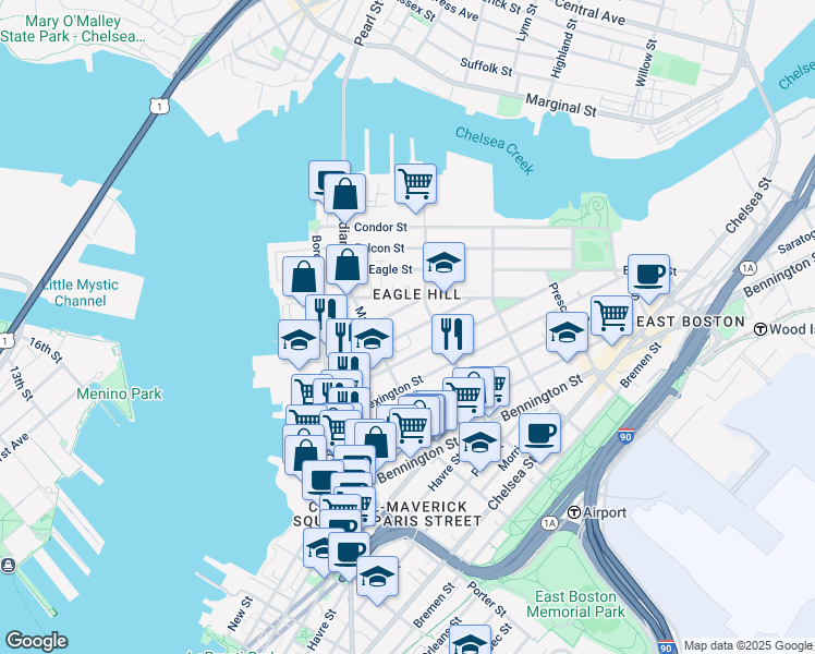 map of restaurants, bars, coffee shops, grocery stores, and more near 66 Eutaw Street in Boston