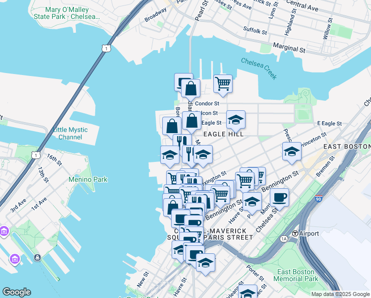map of restaurants, bars, coffee shops, grocery stores, and more near 347 Border Street in Boston