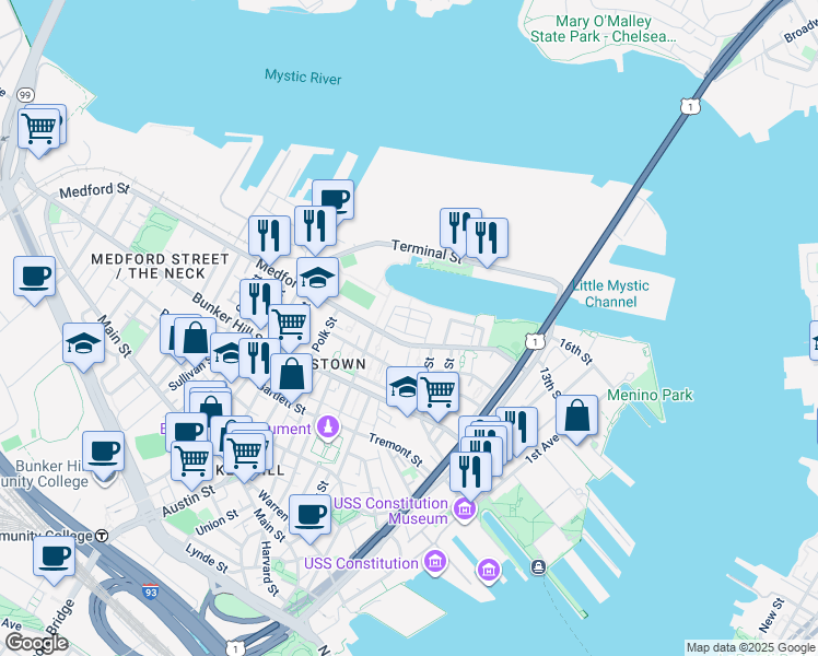 map of restaurants, bars, coffee shops, grocery stores, and more near 68 Old Ironsides Way in Boston