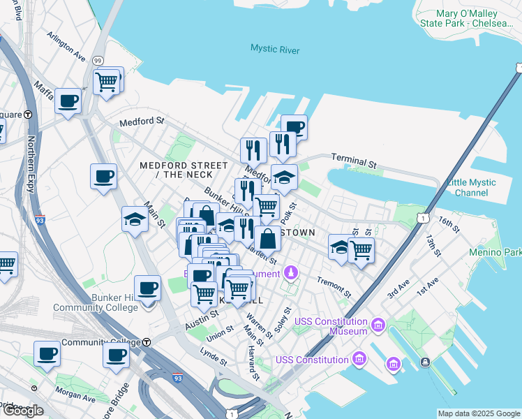map of restaurants, bars, coffee shops, grocery stores, and more near 86 Elm Street in Boston
