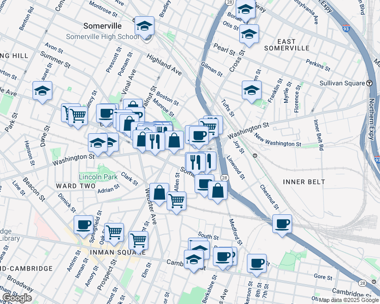 map of restaurants, bars, coffee shops, grocery stores, and more near in Somerville