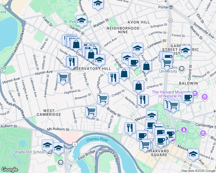 map of restaurants, bars, coffee shops, grocery stores, and more near 42 Parker Street in Cambridge