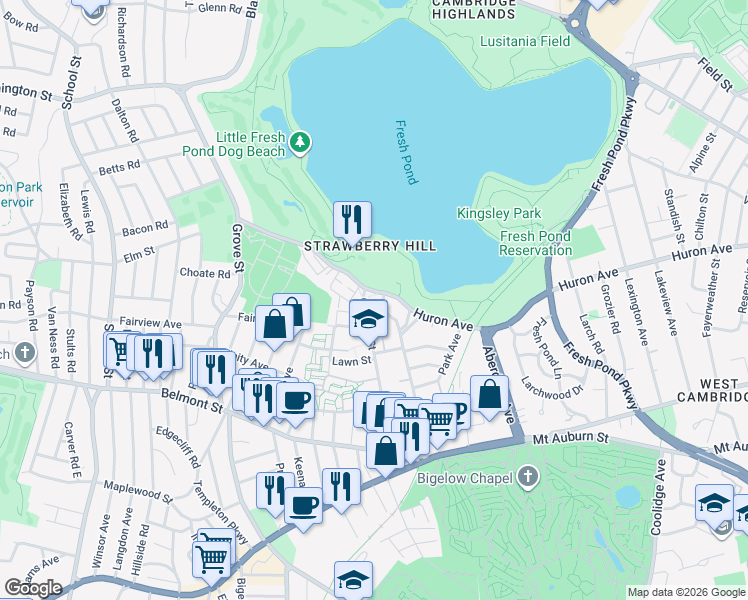 map of restaurants, bars, coffee shops, grocery stores, and more near 174 Cushing Street in Cambridge