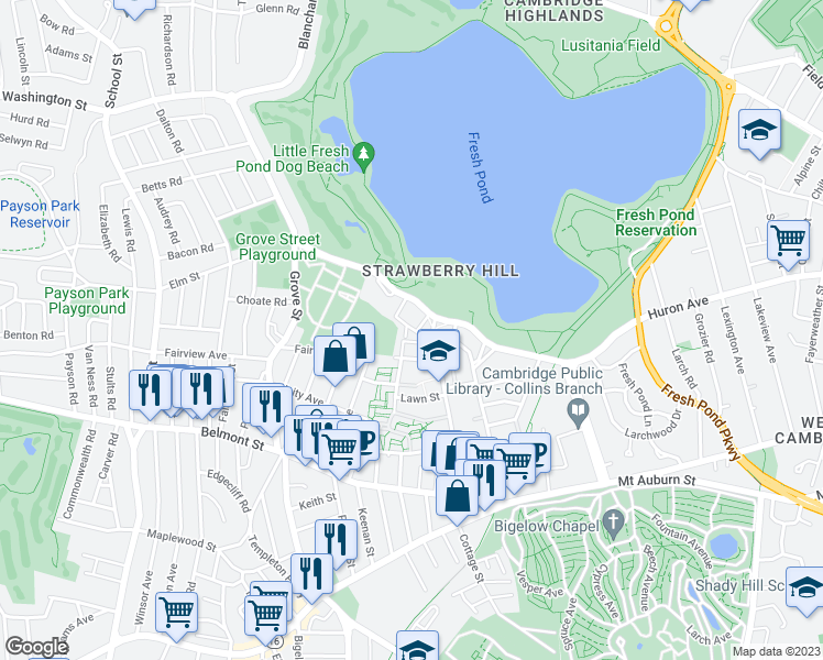 map of restaurants, bars, coffee shops, grocery stores, and more near 44 May Street in Cambridge