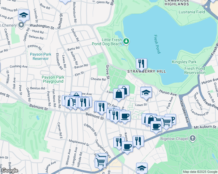 map of restaurants, bars, coffee shops, grocery stores, and more near 3 Crescent Road in Belmont