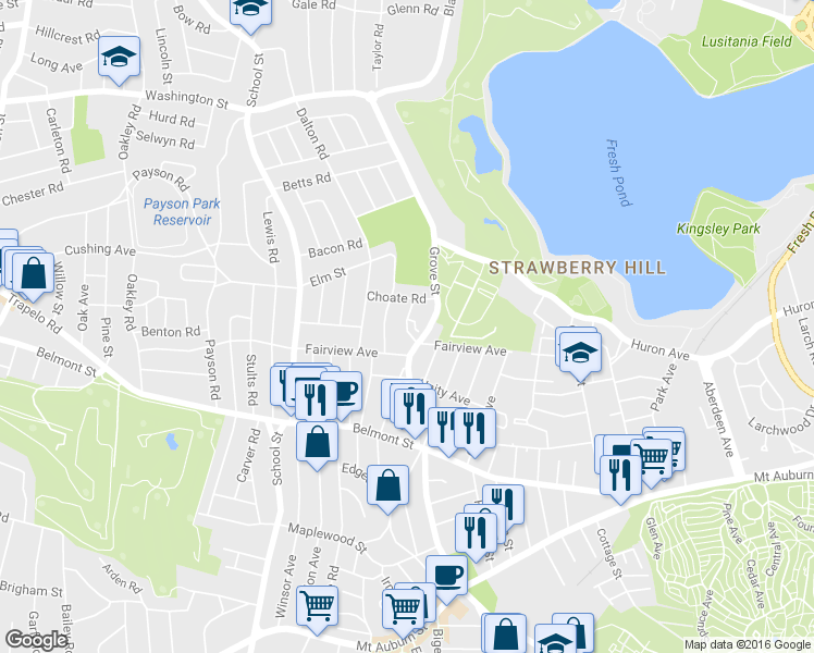 map of restaurants, bars, coffee shops, grocery stores, and more near 13 Crescent Avenue in Newton