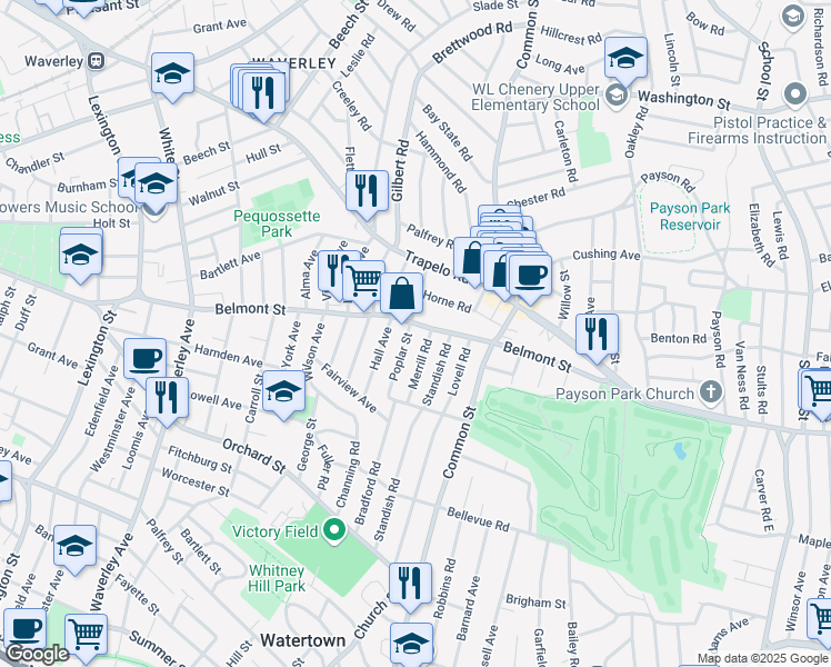 map of restaurants, bars, coffee shops, grocery stores, and more near 9 Merrill Road in Watertown
