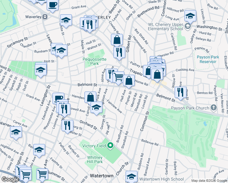 map of restaurants, bars, coffee shops, grocery stores, and more near 23 Hardy Avenue in Watertown