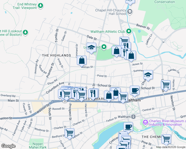 map of restaurants, bars, coffee shops, grocery stores, and more near 88 Bacon Street in Waltham
