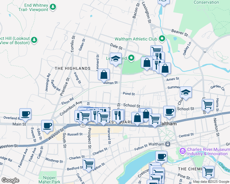 map of restaurants, bars, coffee shops, grocery stores, and more near 88 Bacon Street in Waltham