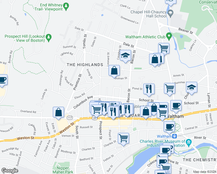 map of restaurants, bars, coffee shops, grocery stores, and more near 91 Francis Street in Waltham