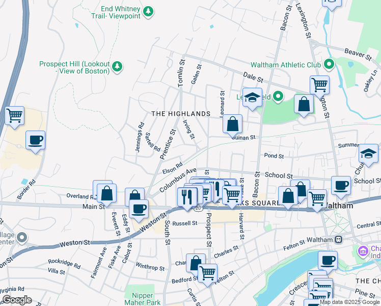 map of restaurants, bars, coffee shops, grocery stores, and more near 70 Elson Road in Waltham