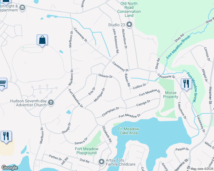 map of restaurants, bars, coffee shops, grocery stores, and more near 23 Michigan Drive in Hudson