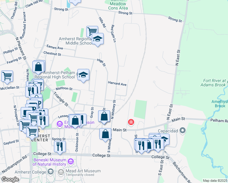 map of restaurants, bars, coffee shops, grocery stores, and more near 106 North Whitney Street in Amherst