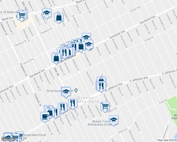 map of restaurants, bars, coffee shops, grocery stores, and more near 1080 Beaconsfield Avenue in Grosse Pointe Park