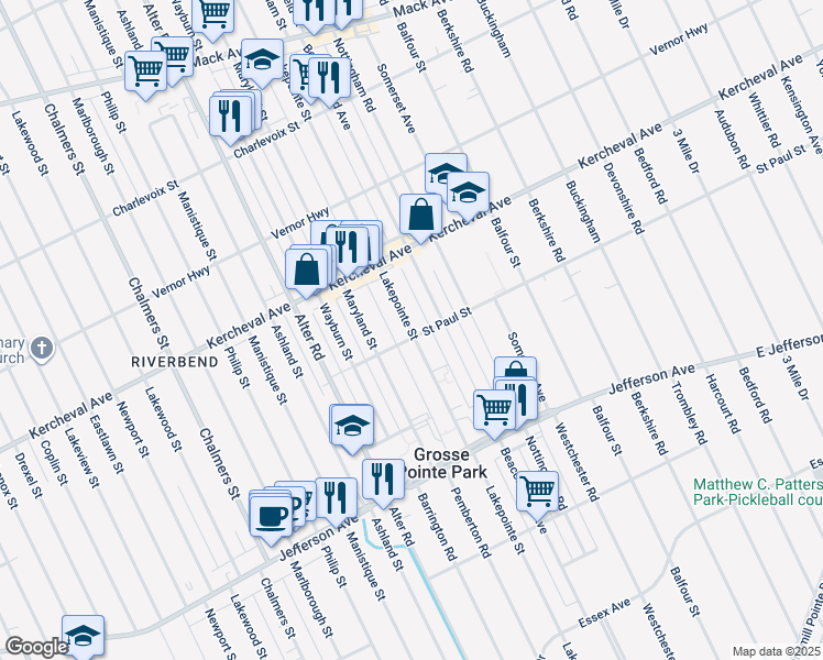 map of restaurants, bars, coffee shops, grocery stores, and more near 15216 Saint Paul Street in Grosse Pointe Park