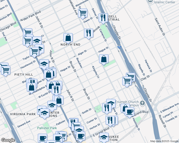map of restaurants, bars, coffee shops, grocery stores, and more near 526 East Euclid Street in Detroit