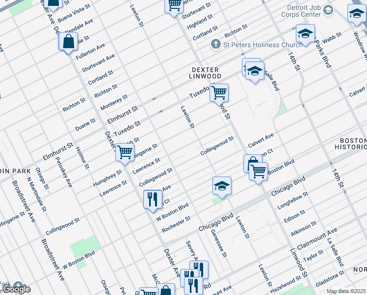 map of restaurants, bars, coffee shops, grocery stores, and more near 2981 Lawrence Street in Detroit
