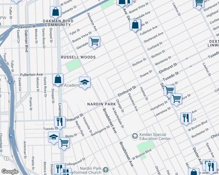 map of restaurants, bars, coffee shops, grocery stores, and more near 4290 Duane Street in Detroit