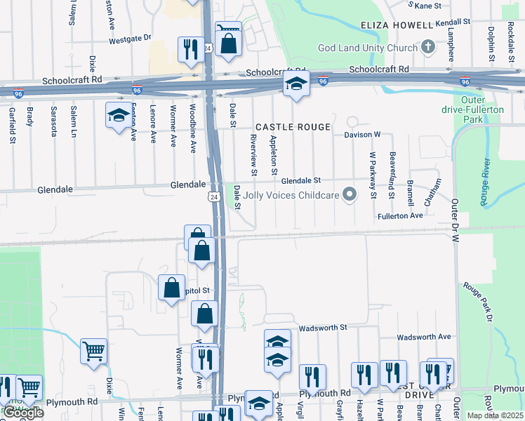 map of restaurants, bars, coffee shops, grocery stores, and more near 12645 Appleton Street in Detroit