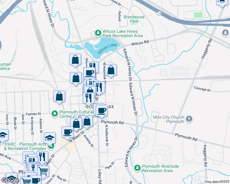map of restaurants, bars, coffee shops, grocery stores, and more near 291 East Liberty Street in Plymouth
