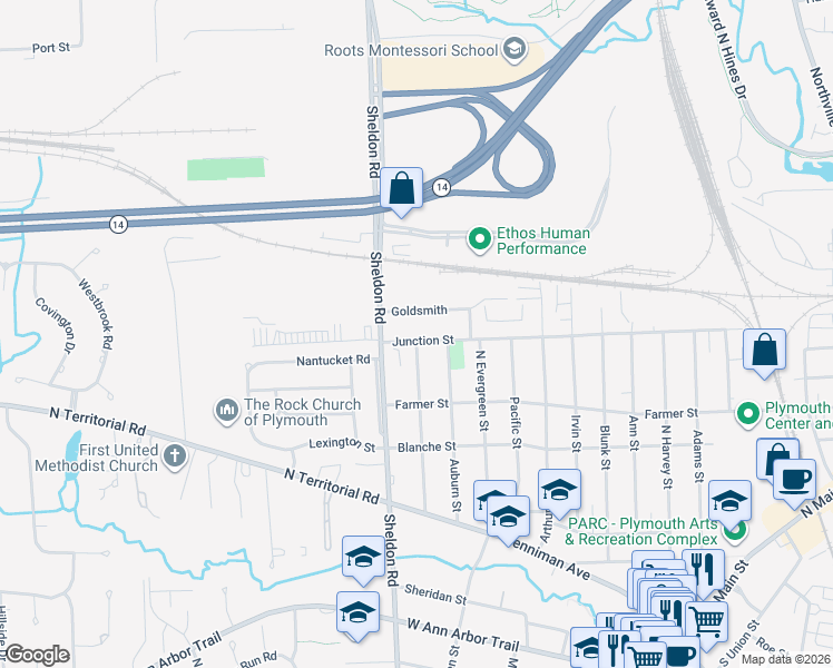 map of restaurants, bars, coffee shops, grocery stores, and more near 1450 Junction Street in Plymouth