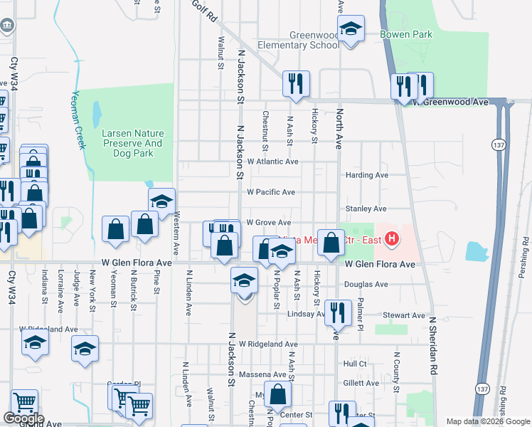 map of restaurants, bars, coffee shops, grocery stores, and more near 724 West Grove Avenue in Waukegan