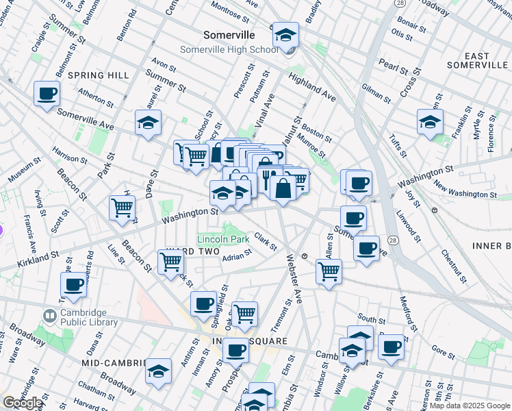 map of restaurants, bars, coffee shops, grocery stores, and more near 279 Washington Street in Somerville