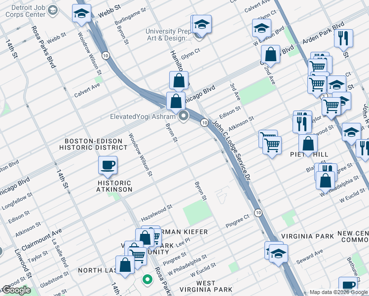 map of restaurants, bars, coffee shops, grocery stores, and more near 1246 Atkinson Street in Detroit