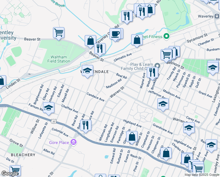 map of restaurants, bars, coffee shops, grocery stores, and more near 19 Madison Road in Waltham
