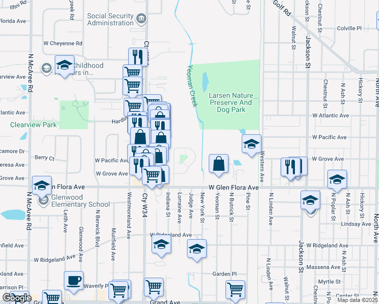 map of restaurants, bars, coffee shops, grocery stores, and more near 1611 Armory Place in Waukegan