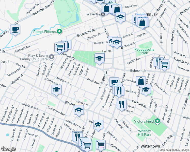 map of restaurants, bars, coffee shops, grocery stores, and more near Pierce Road in Watertown