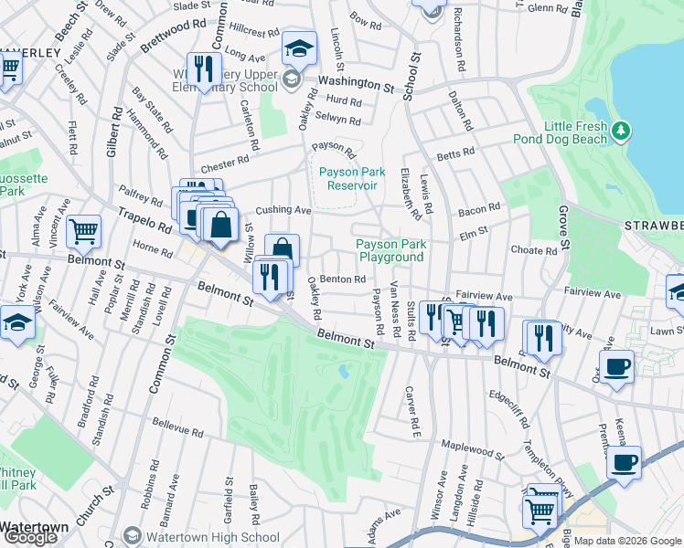map of restaurants, bars, coffee shops, grocery stores, and more near 19 Benton Road in Belmont