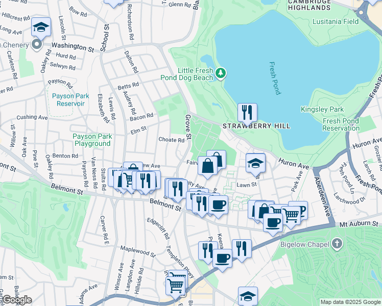 map of restaurants, bars, coffee shops, grocery stores, and more near 3 Crescent Road in Belmont