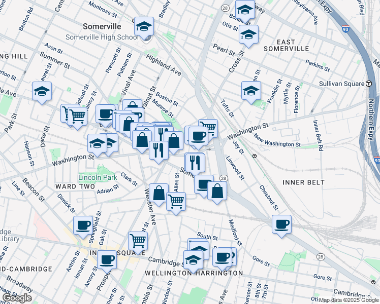 map of restaurants, bars, coffee shops, grocery stores, and more near in Somerville