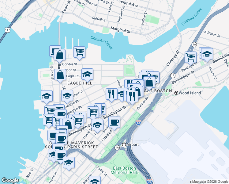 map of restaurants, bars, coffee shops, grocery stores, and more near 225 Lexington Street in Boston