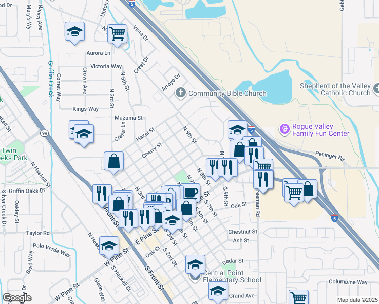 map of restaurants, bars, coffee shops, grocery stores, and more near 264 North 8th Street in Central Point