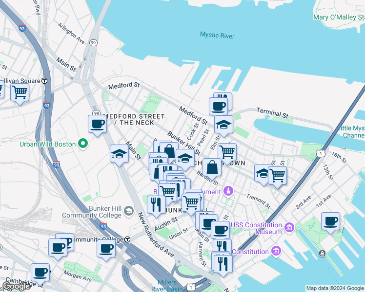 map of restaurants, bars, coffee shops, grocery stores, and more near 74 Sullivan Street in Boston
