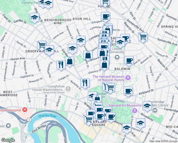 map of restaurants, bars, coffee shops, grocery stores, and more near 16 Chauncy Street in Cambridge
